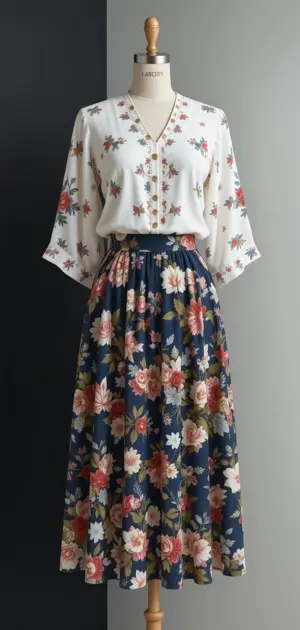 A floral-patterned skirt styled with a white button-up blouse.