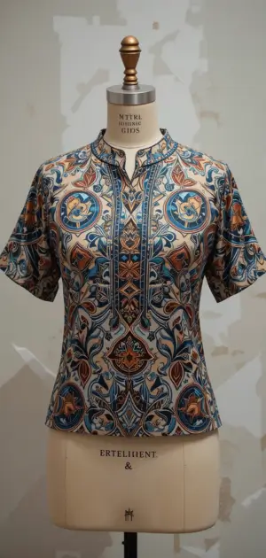 A stylish women’s blouse with detailed geometric patterns in rich, vibrant colours.