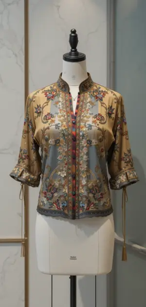 Luxury golden-beige blouse with intricate floral embroidery and trim.
