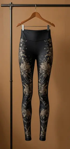 Sleek black leggings featuring intricate gold floral patterns for women.