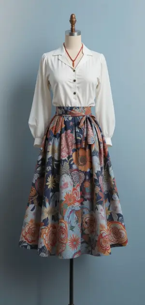 A white blouse paired with a flowy floral luxury skirt.
