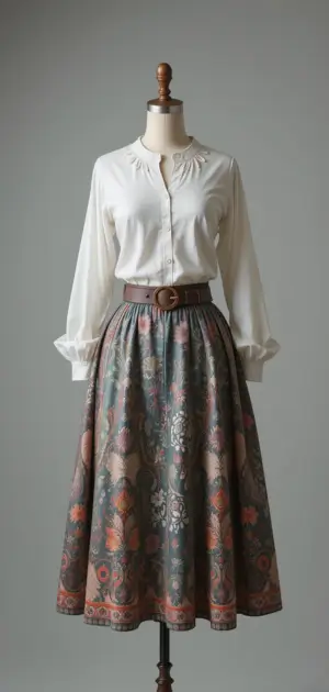A belted floral-patterned skirt with a white blouse on a mannequin.