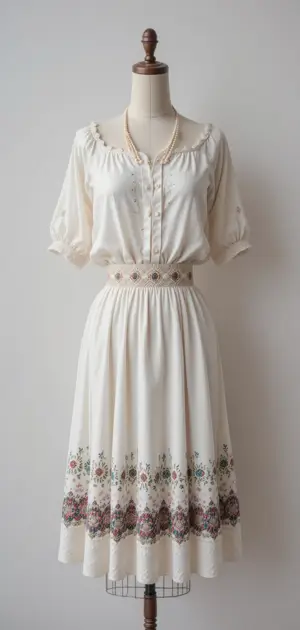 A collection of embroidered midi skirts made from soft, breathable fabrics.