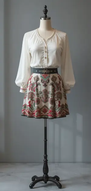 A mannequin styled in a white blouse and floral mini skirt.