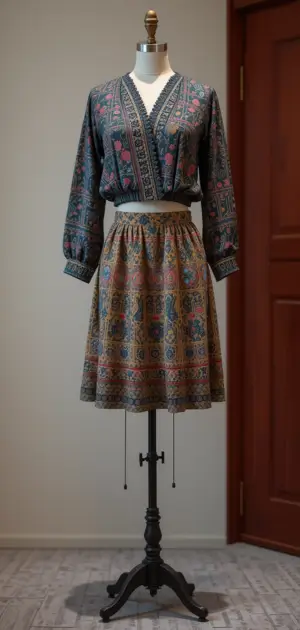 A mannequin wearing a boho blouse and patterned mini skirt.