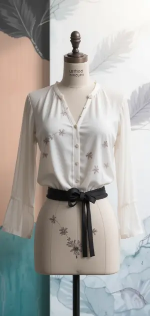 A white blouse featuring delicate floral embroidery and a sleek black waist belt.