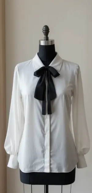 A women’s white blouse with long sleeves, a black bow detail, and a tailored fit.