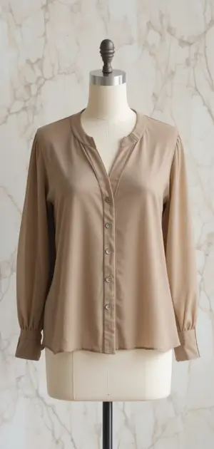 A women’s neutral taupe blouse with buttons and long, softly gathered sleeves.