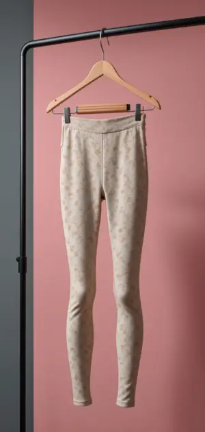 Beige women’s leggings with a subtle pattern displayed on a wooden hanger against a pink backdrop.