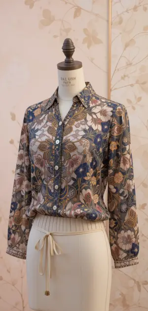 A floral office blouse featuring a contemporary design and vibrant patterns.