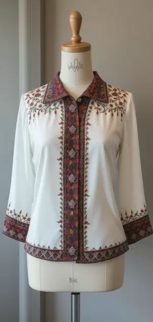 White office blouse featuring detailed red and black embroidery for a professional style.