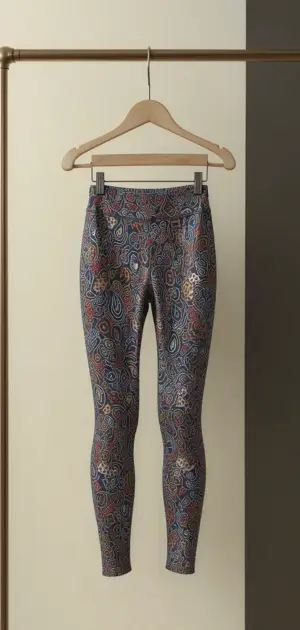 A pair of multicolored paisley office leggings hanging on a wooden hanger.