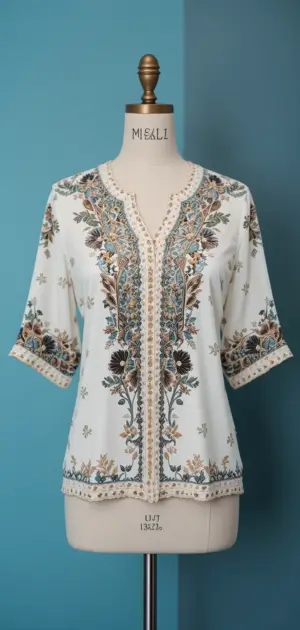 Stylish white blouse featuring detailed floral embroidery and short sleeves.