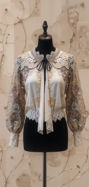A lace party blouse featuring floral embroidery, puffed sleeves, and a stylish neck tie.