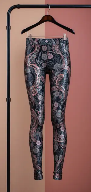 Black metallic party leggings with a floral and paisley print for elegance. 