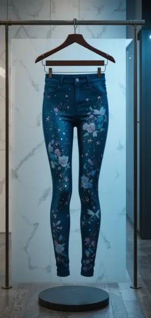 Blue floral-printed party leggings with a denim-like look, perfect for events. 