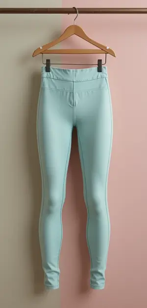 A pair of pastel blue leggings for women, hanging on a wooden hanger.