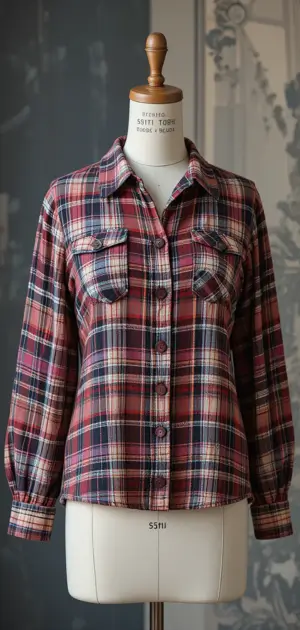 A women’s red plaid blouse with long sleeves, buttons, and dual chest pockets.