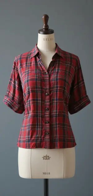 A women’s red plaid blouse with short sleeves, buttons, and a soft, breathable fabric.
