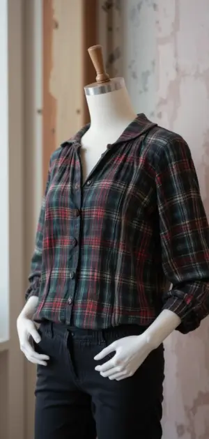 A women’s plaid blouse with red and green tones, long sleeves, and a casual design.