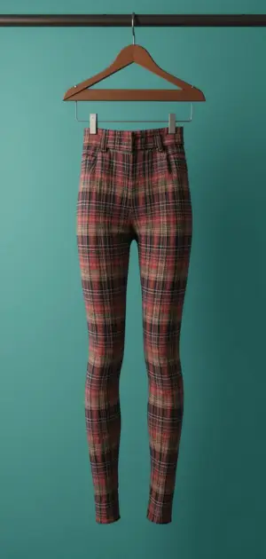 Close-up of women’s plaid leggings in red and green hues on a hanger, teal background.