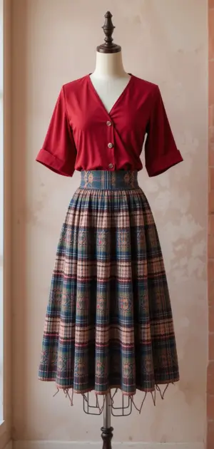 Timeless plaid skirt with a red blouse, blending vintage and modern styles.