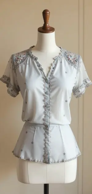 A light grey polyester blouse featuring lace details, short sleeves, and a tailored fit.
