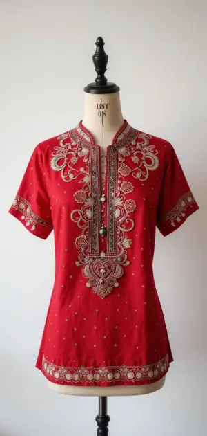 A red short-sleeve blouse featuring detailed embroidery and a classic design.