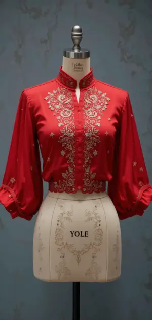 A red blouse featuring detailed gold embroidery and stylish puffed sleeves.