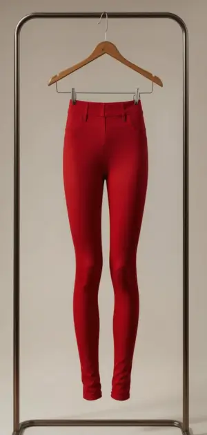 A pair of red leggings with a tailored design hanging on a wooden hanger within a metal frame.