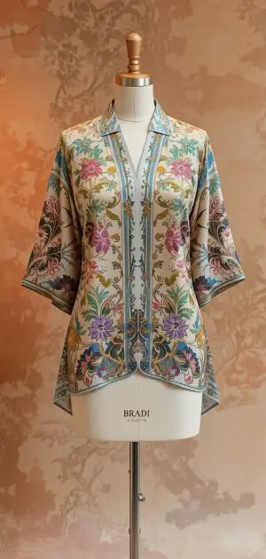 A silk blouse featuring vibrant floral patterns, 3/4 sleeves, and an asymmetrical hemline.