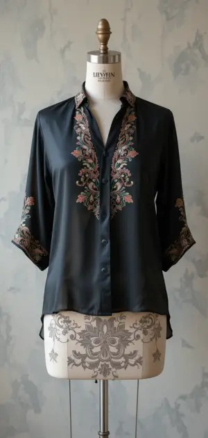 A black silk blouse featuring delicate floral embroidery and a relaxed, elegant fit.