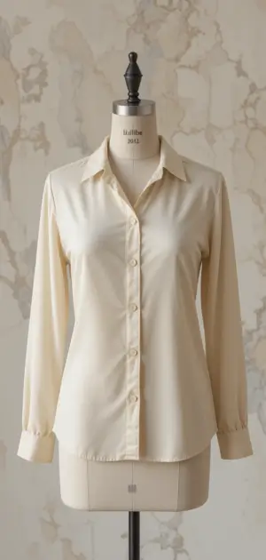 A cream-coloured solid women’s blouse with a button-down front and long sleeves.