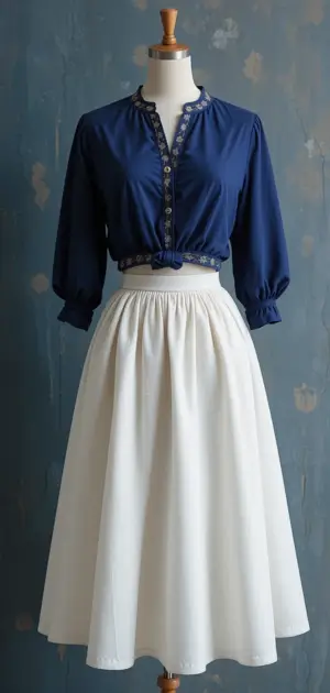 Navy blue blouse paired with a white solid skirt on a mannequin.