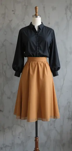 Black blouse tucked into a mustard solid skirt on display.