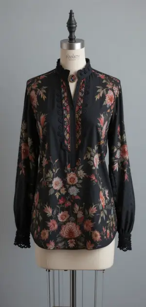 A stylish black blouse with floral patterns and lace details on a mannequin.