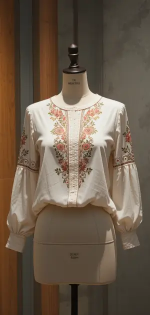 A stylish white blouse with floral embroidery displayed on a mannequin. 