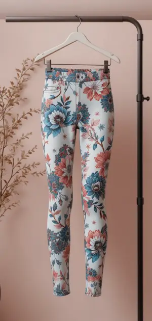 White spring leggings featuring striking blue and coral floral designs, ideal for women.