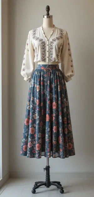 A flowy floral skirt and embroidered blouse styled for spring.