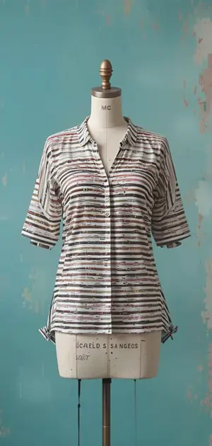A women’s striped blouse with short sleeves, vibrant stripes, and a relaxed fit.