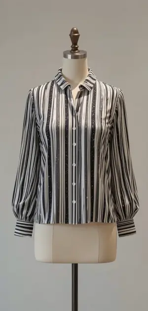 A women’s black and white striped blouse featuring long sleeves and a button front.