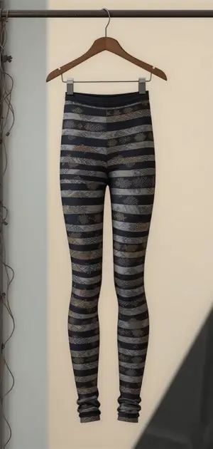 Black and grey striped leggings for women, displayed on a hanger against a light background.