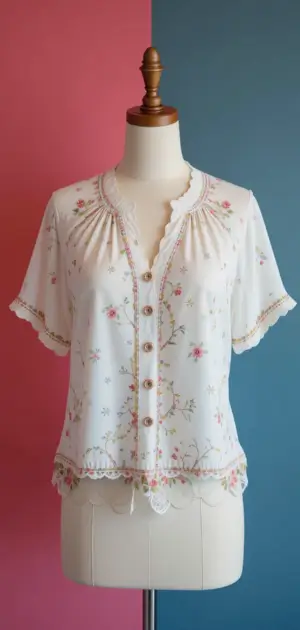 White floral summer blouse with lace trim, buttons, and short sleeves. 