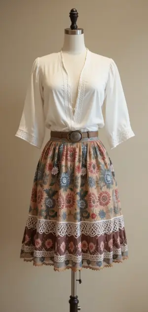 A vintage floral skirt with lace trim and a cinched waist.
