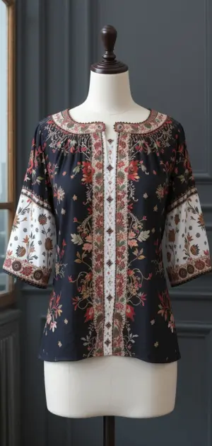 A black blouse with detailed floral embroidery and contrasting white sleeves on a mannequin.