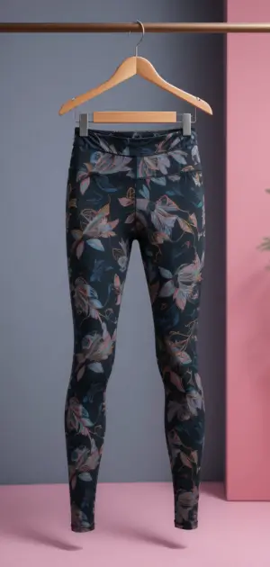 Women's leggings with a dark floral pattern, crafted for flexibility and ease.