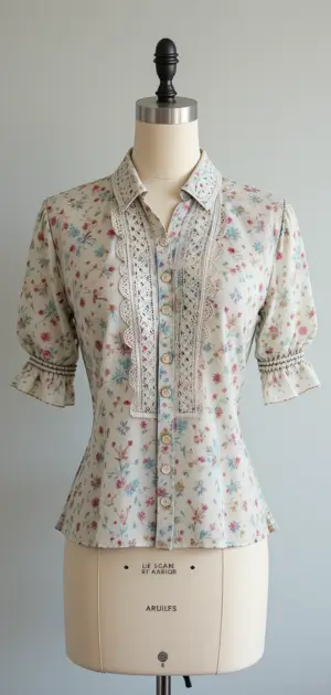 A floral vintage blouse featuring lace embellishments and classic puffed sleeves.