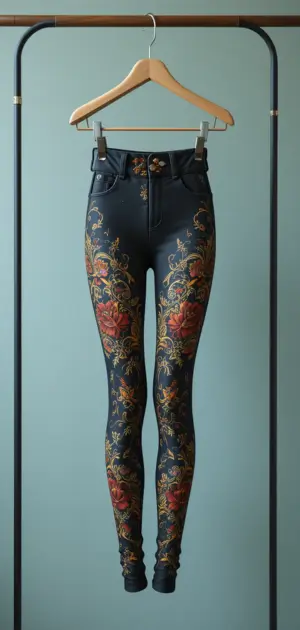 High-waisted vintage leggings with bold floral embroidery design.