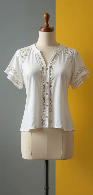A women’s white blouse with short lace sleeves, button details, and a chic design.