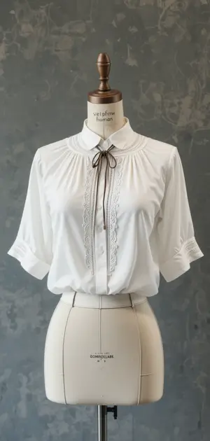 A women’s white blouse featuring lace accents, puffed sleeves, and a ribbon tie.